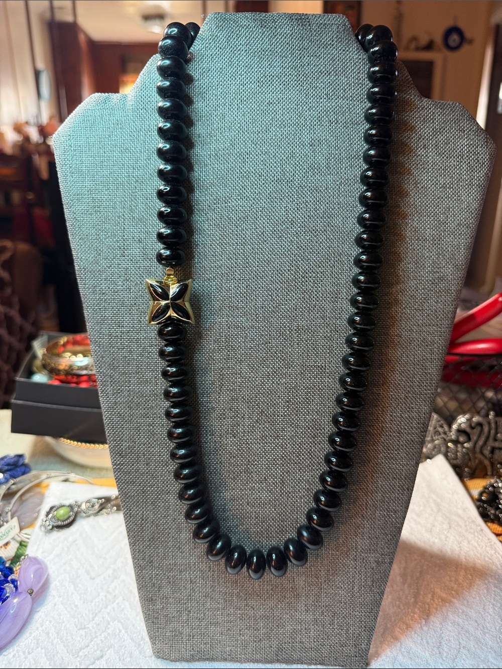 Classic Black Bead Necklace with Gold Cross Accent